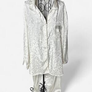Jaclyn Smith Women's 3X Satin Pajama Set Ivory Jacquard Long Sleeve Vintage